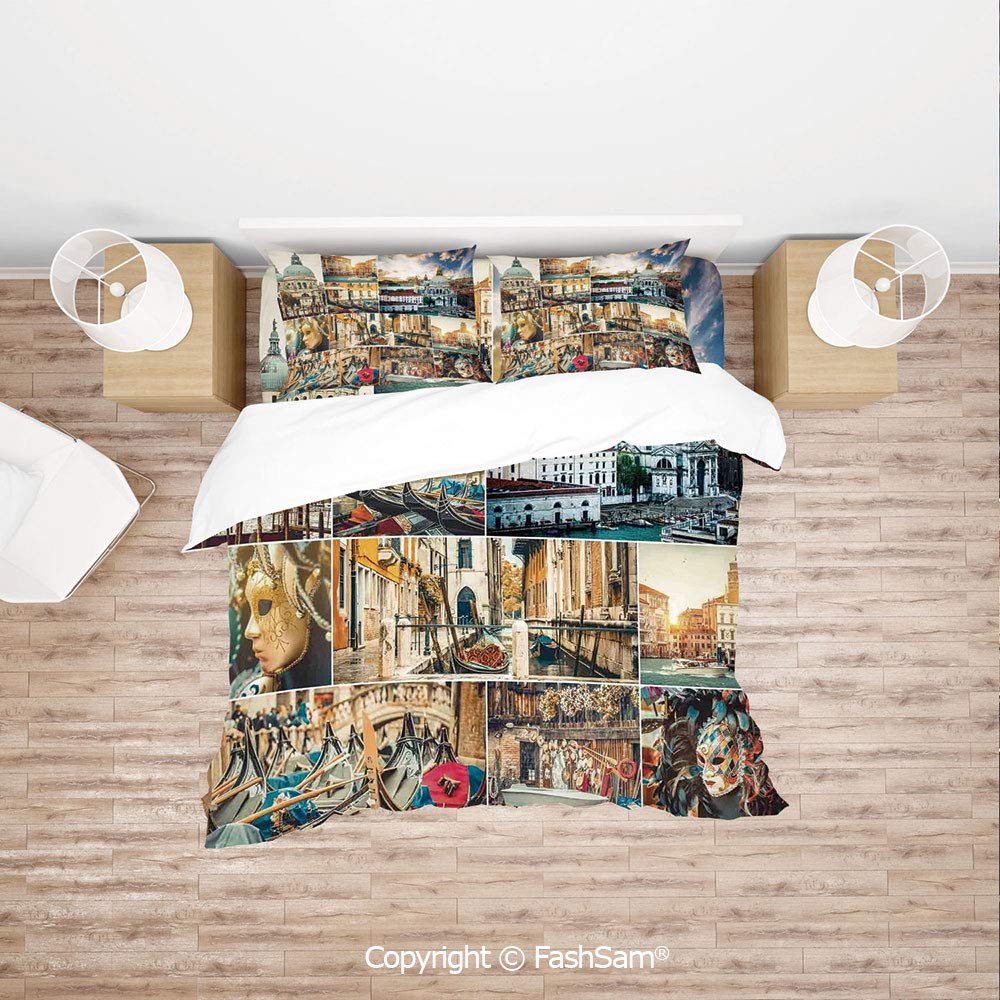 FashSam Luxury 4 Pieces Duvet Cover Bedding Set Collage of Various Views of Venice City with Canal Cathedral Travel Theme for Family(Double)