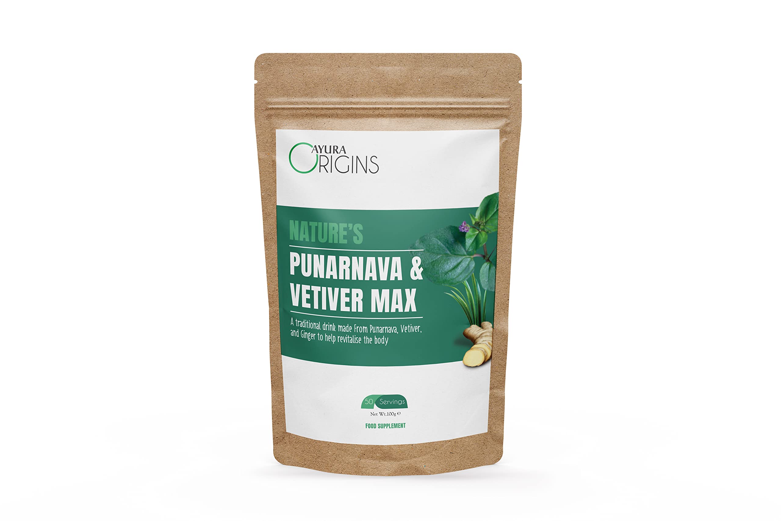 AYURA ORIGINS Nature's Punarnava and Vetiver Max - Pure Plant Based Kidney Support Herbal Supplement - Rich in Antioxidants, Vegan, Solar Dried, No Preservatives - 3.53 oz - 50 Servings