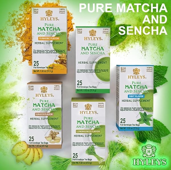 HYLEYS MATCHA TEA BAGS WITH LEMONGRASS – 25 TEA BAGS (JAPANESE PURE MATCHA WELLNESS GREEN TEA)