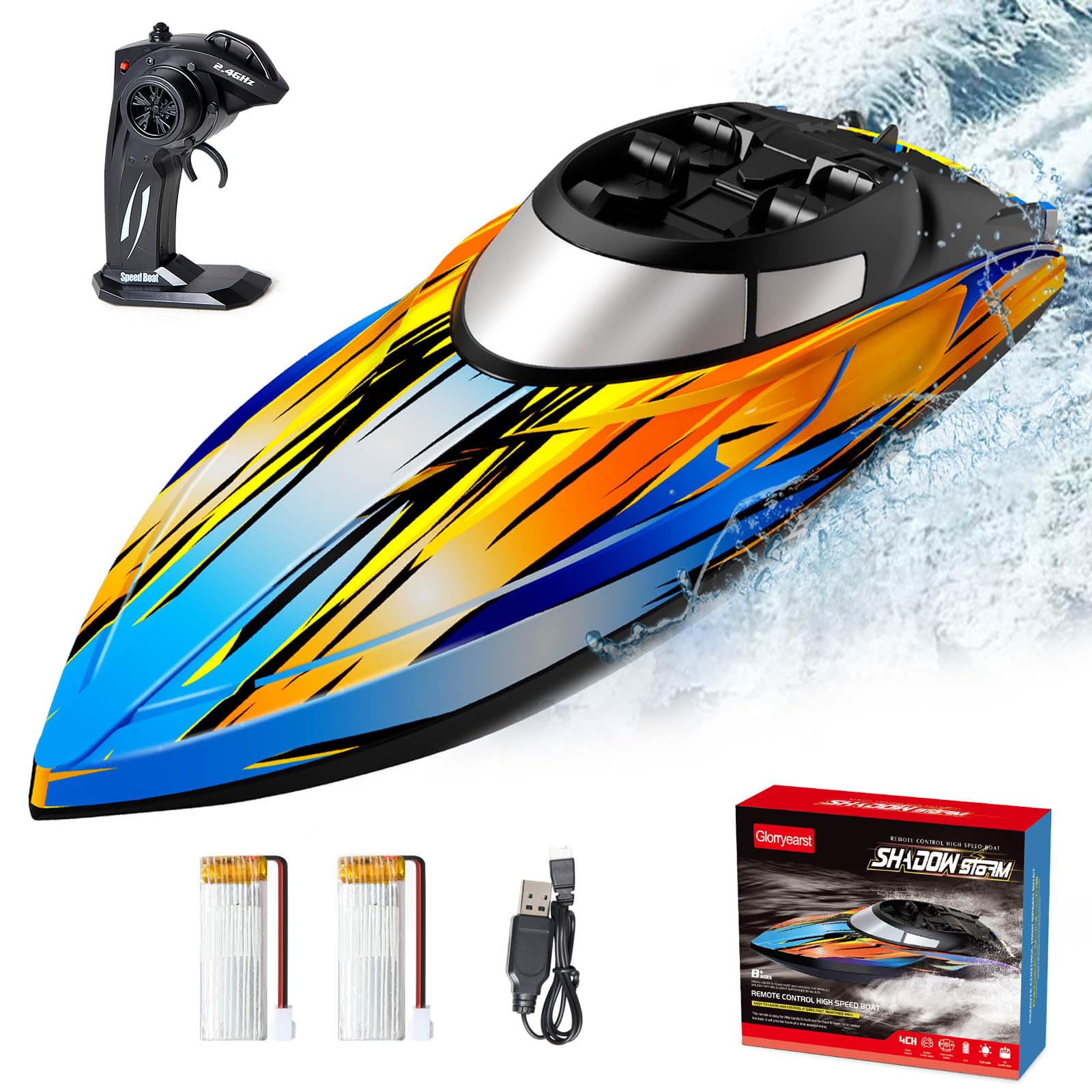 Photo 1 of Glorryearst Remote Control Boat for Kids RC Boats with LED Light 40+Min 2.4Gz Racing Boat for Lakes & Pools & Salt Water, Summer Toys Gifts for Boys 6 7 8 Years Old