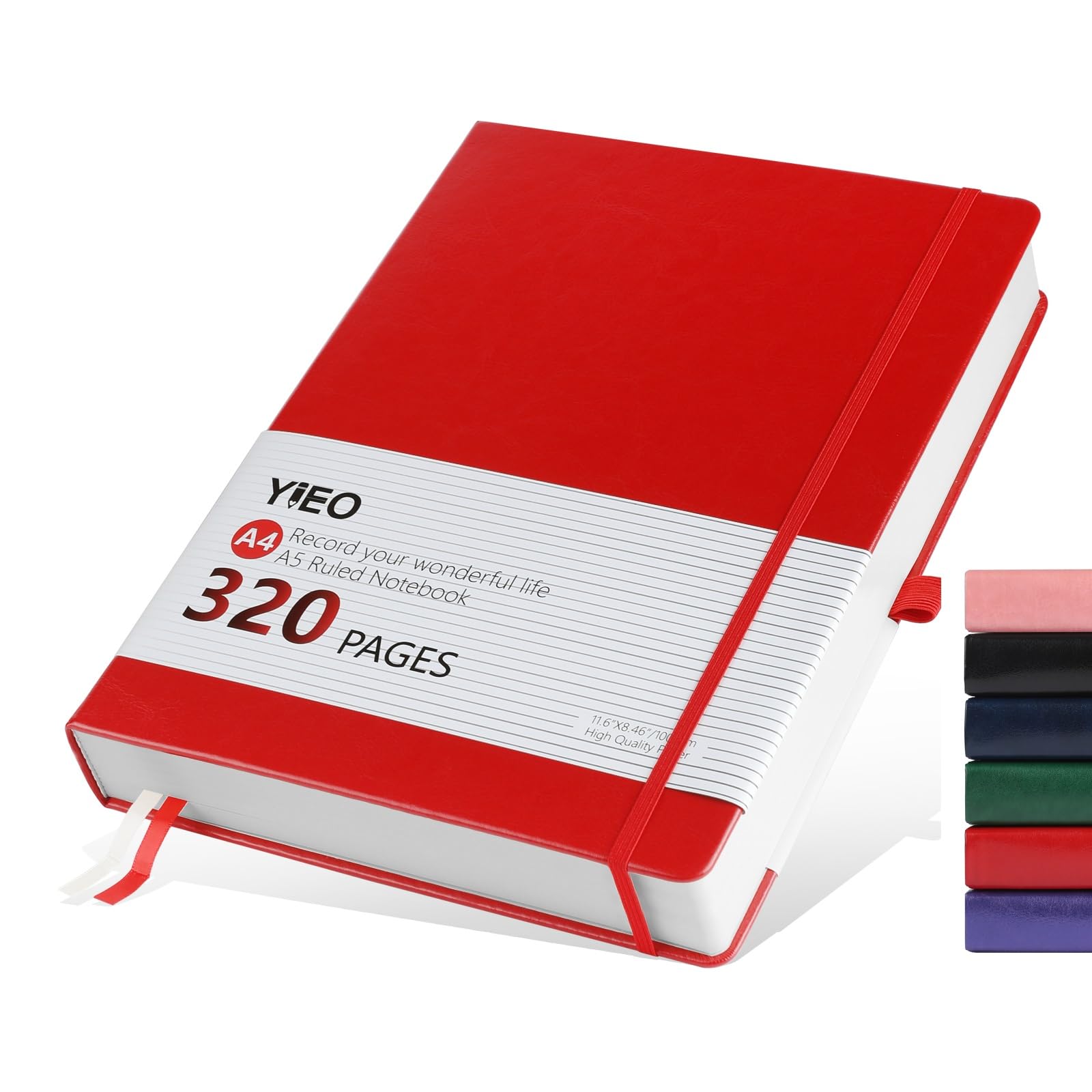 Notebook A4, Thick A4 Notebook Hardback Journal Notebook 320 Pages 100GSM A4 Lined Note Book, Extra Large Hardcover Notepad with Inner Pocket, Pen Loop, and 2 Ribbon Page Marker, 21.5 x 27.9cm-Red
