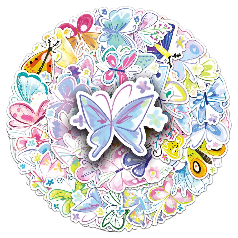 Aesthetic Watercolor Butterfly Vinyl Stickers, 50 PCS Waterproof Hand-Drawn Insect Decals for Laptops, Scrapbooking, Journals, Notebooks, Water Bottles, Suitcases, Phones & DIY Decor