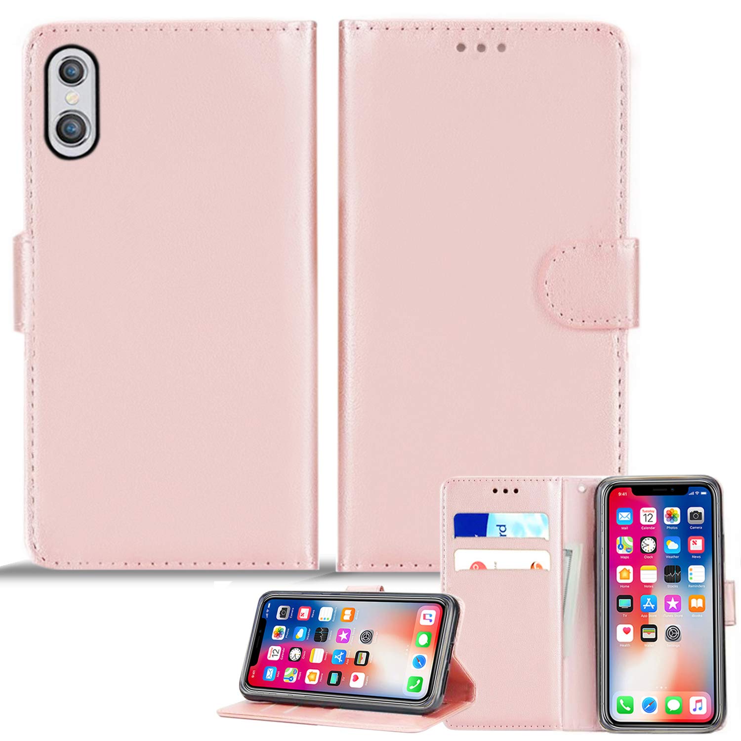 Mobile Stuff iPhone XS Max Leather Wallet Case - Folio Flip Book Cover with Magnetic Clasp Closure - Adjustable Viewing Stand (iPhone XS Max, Rose Gold)