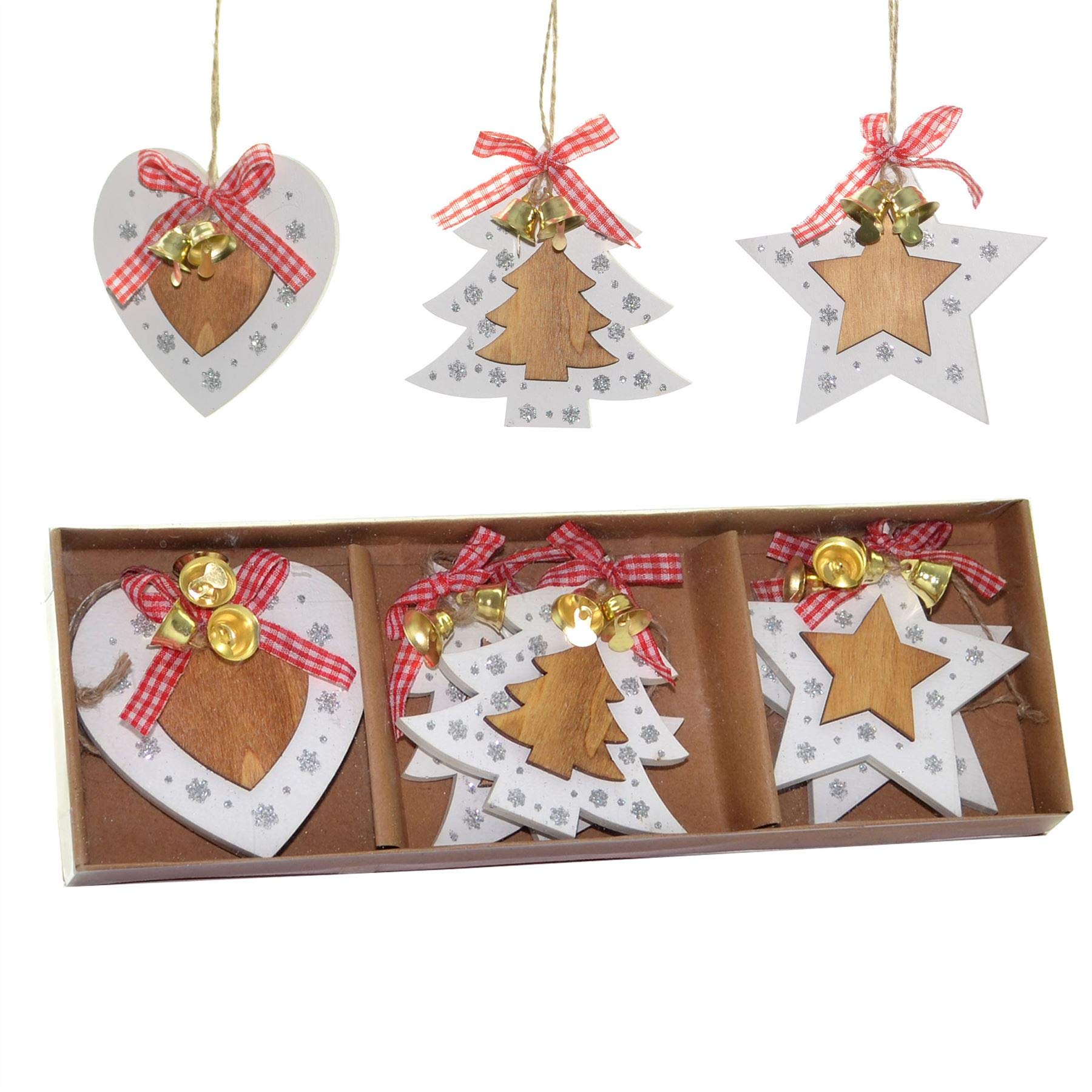 SHATCHI Christmas Tree Ornaments Wooden Aesthetic Hanging Decorations set of 6 pcs with Ribbons and Bells Xmas DIY Holiday Home Décor – 2 Star, 2 Heart, 2 Tree Shape pieces(8cm)