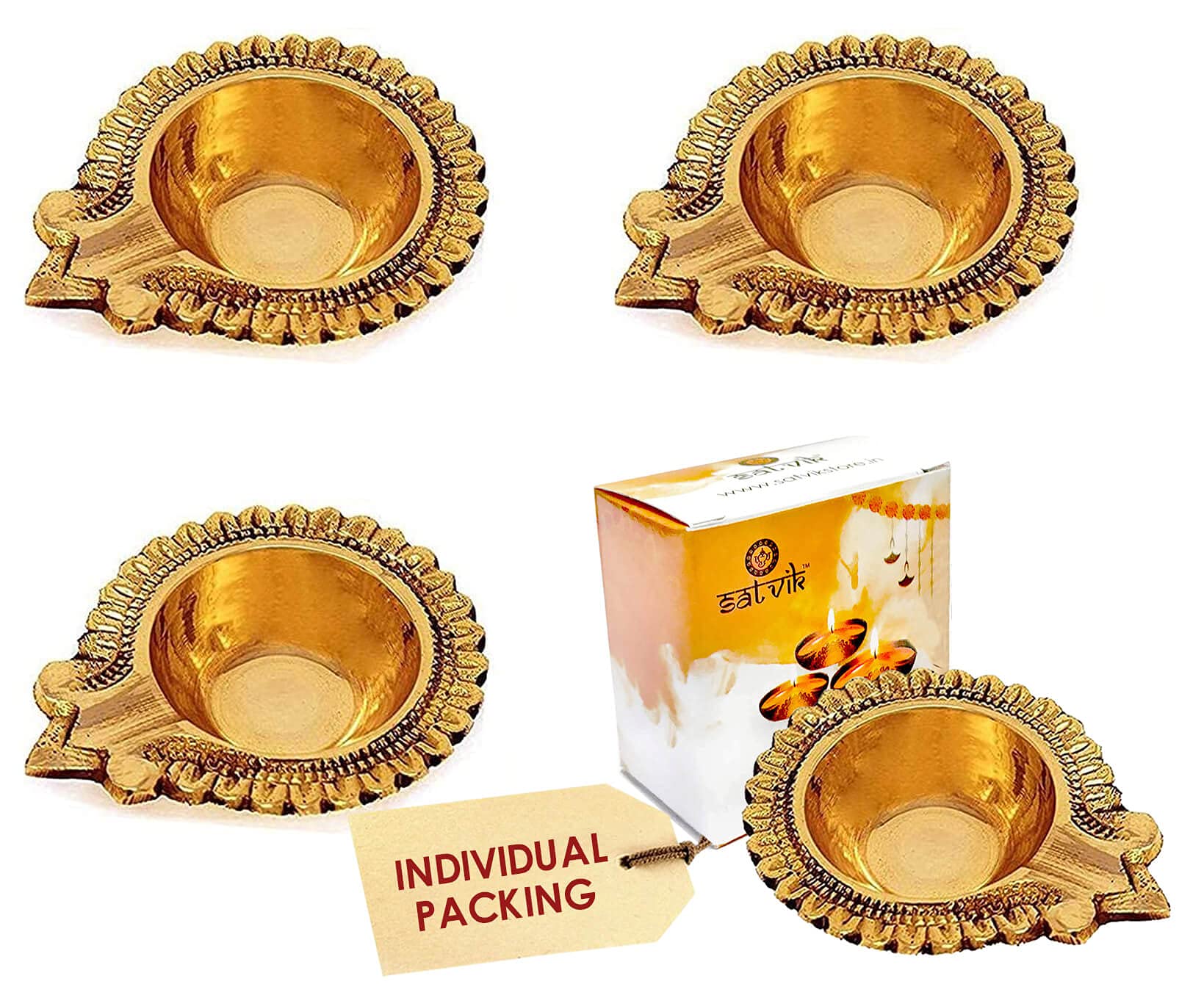 SATVIK 4 Pc Lakshmi Deepak for Diwali Decoration. Handmade Oil Lamp Golden Engraved Made of Virgin Brass Metal Vilakku for Puja Pooja. Traditional Indian Deepawali Housewarming Return Gift Items…