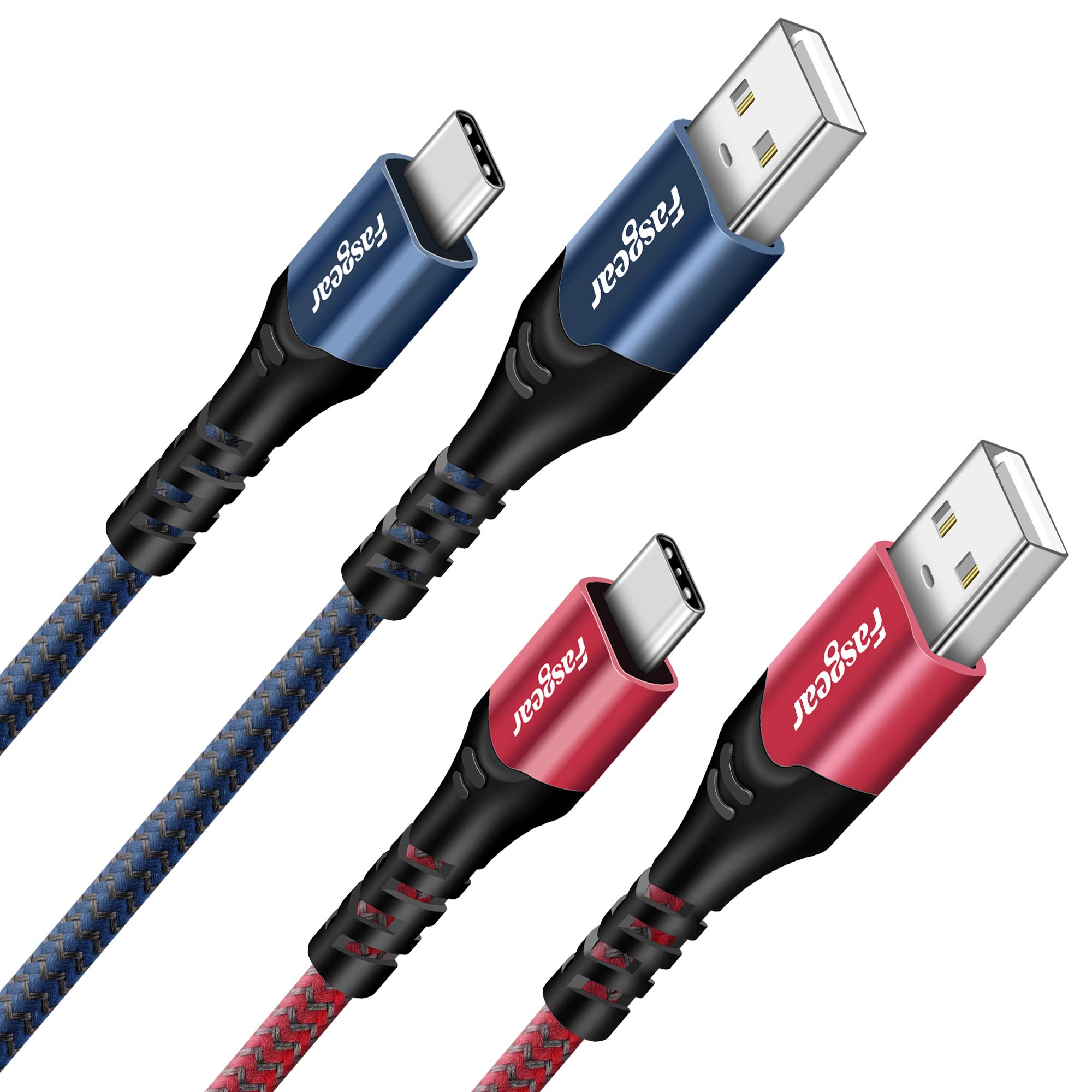Fasgear USB C Cable, 2 Pack 3ft USB Type C Charging Cable - Nylon Braided USB C Sync Cable Compatible with  Galaxy S10 S9 Moto G7 Oneplus 7pro Nokia 7.1 Sony Xperia L1 Huawei P20 Lite (Blue,Red)