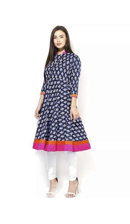 Women's Cotton Blue Printed Stitched Anarkali Kurta Kurti