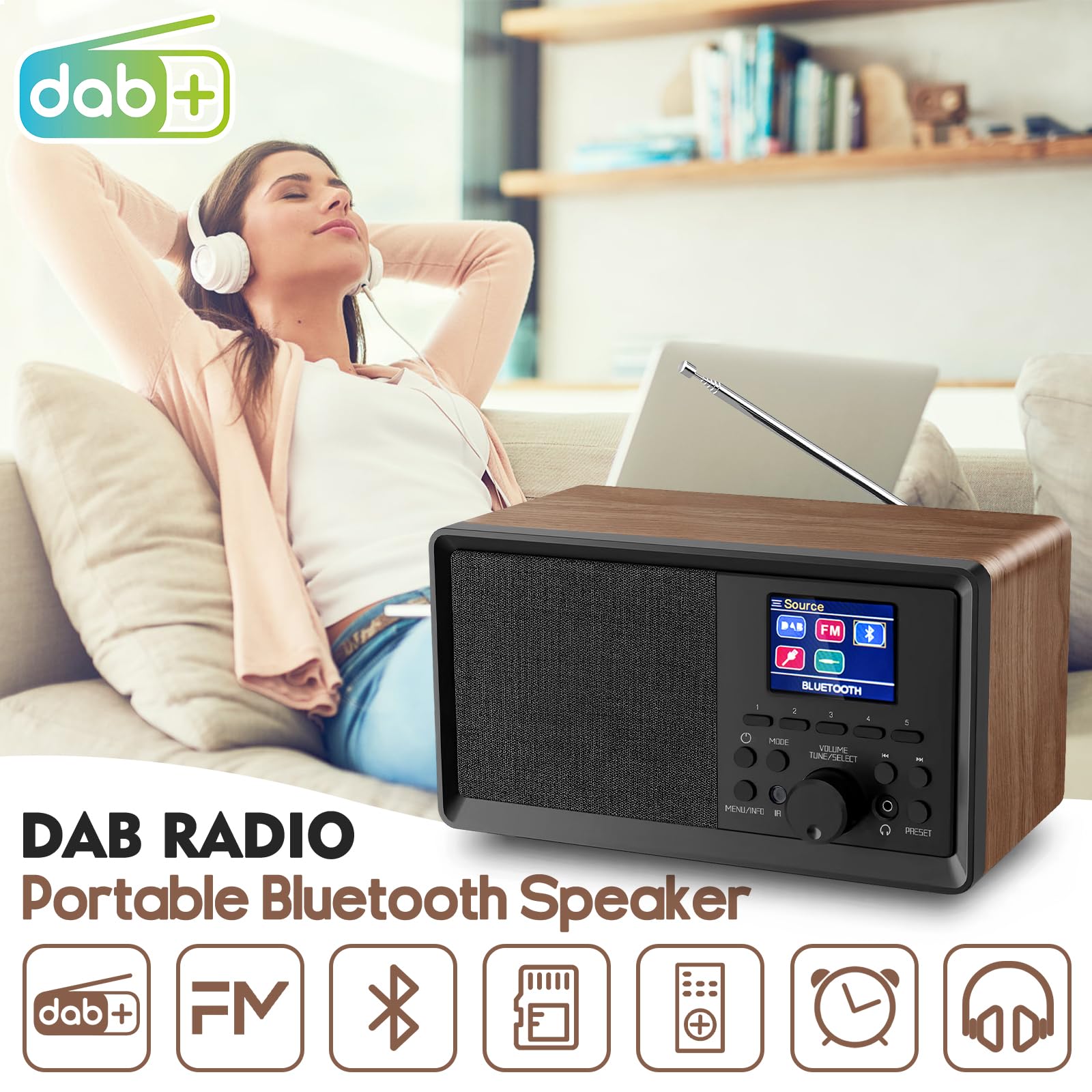 Wholede DAB Plus Radio mit Bluetooth, DAB Radios mit Fernbedienung DAB+/FM Radio Retro Holz Digitalradio Küchenradio Radiowecker mit Zweifacher Alarm und USB/AUX Hafen 2