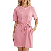 Kikibell Womens Summer Dresses Crew Neck Sweatshirt Mini Dress with Pockets Drawstring Waist Short Sleeve Casual Outfits