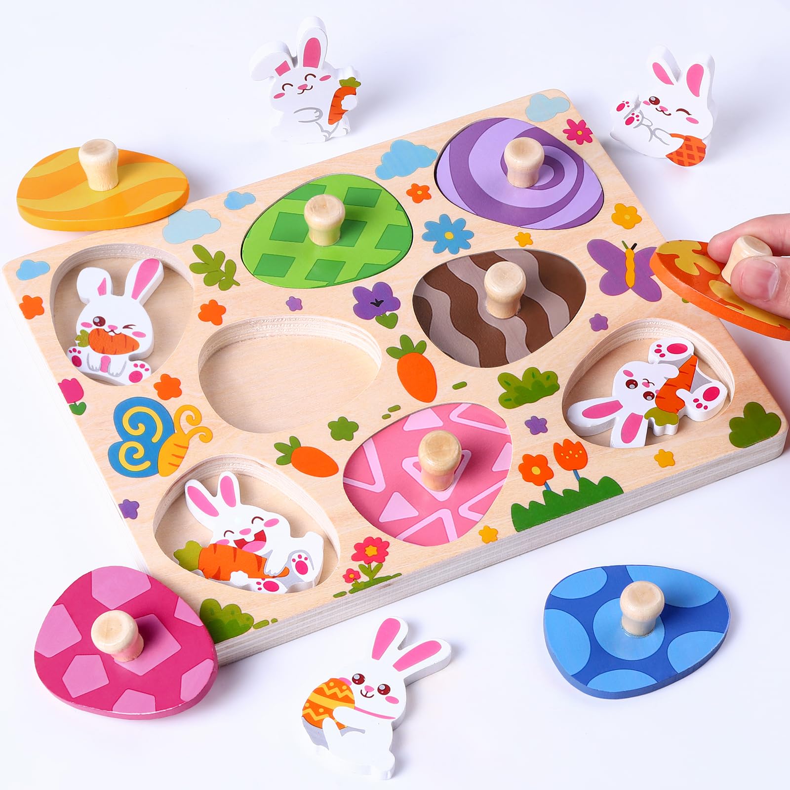 DIYDEC Easter Wooden Pegged Puzzles 8pcs Bunny Matching Egg Puzzles Easter Montessori Toys for Toddlers Kids Easter Puzzles Toys for Easter Basket Stuffers Party Favors Classroom Prizes Gifts
