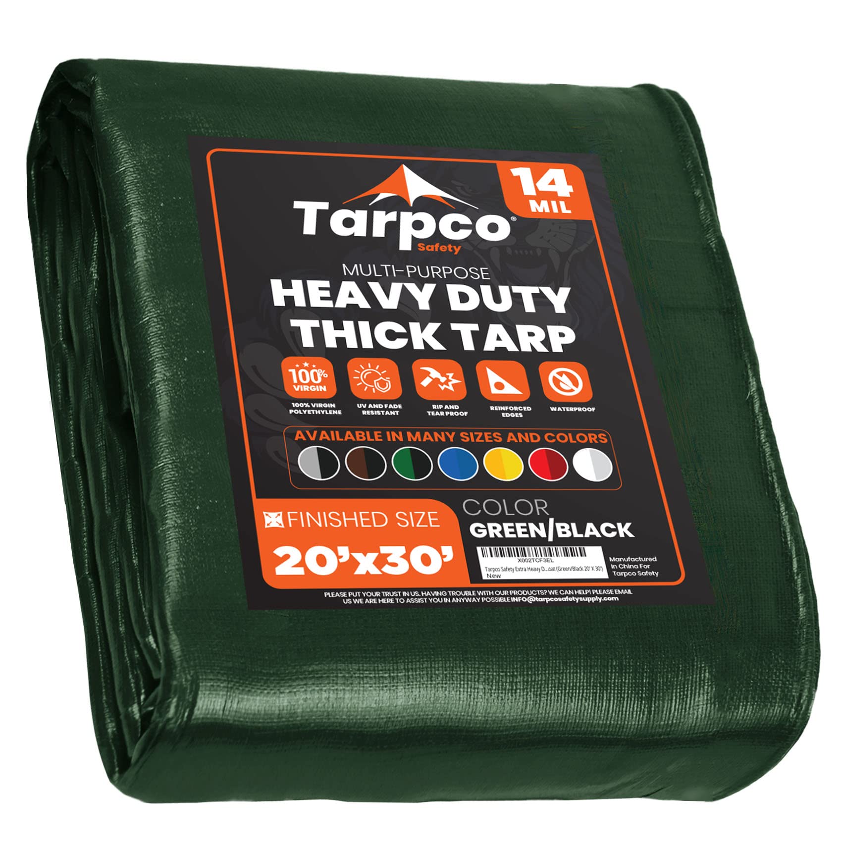 Tarpco Safety Extra Heavy Duty 14 Mil Tarp Cover, Waterproof, UV Resistant, Rip and Tear Proof, Poly Tarpaulin with Reinforced Edges for Roof, Camping, Patio, Pool, Boat (Green/Black 20′ X 30′) Image