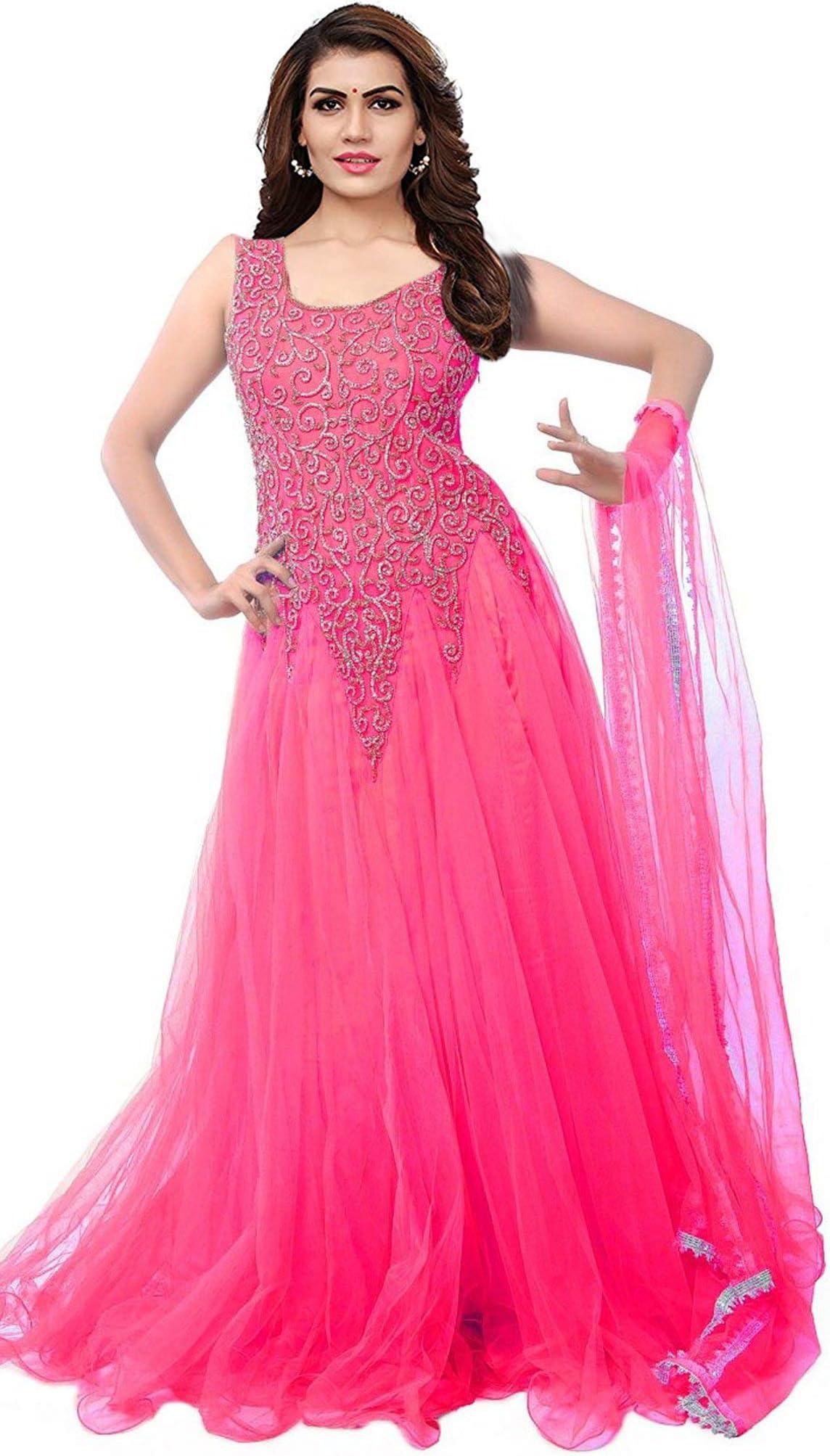 VKARAN Women's Net Pink Designer Semi-stitched Gown(GC002-New)
