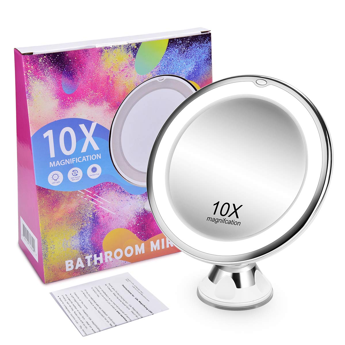 KOOLORBS 10X Magnifying Makeup Mirror with Lights, 3 Color Lighting, Intelligent Switch, 360 Degree Rotation, Powerful Suction Cup, Portable, Good for Tabletop, Bathroom, Traveling: Beauty