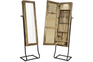 SRIWATANA Jewelry Armoire Cabinet, Solid Wood Standing Jewelry Organizer with Full Length Mirror (Carbonized Black)