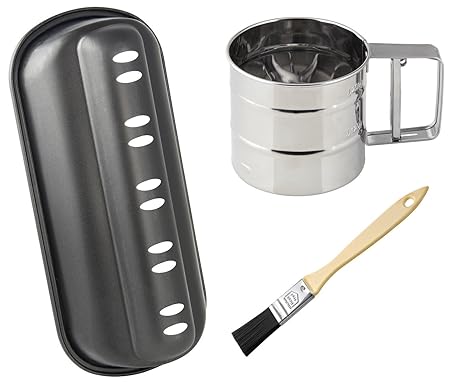 Zenker Back-Set Christstollen, Stollenform mit Antihaftbeschichtung, Mehl- und Puderzuckersieb aus Edelstahl & Backpinsel mit