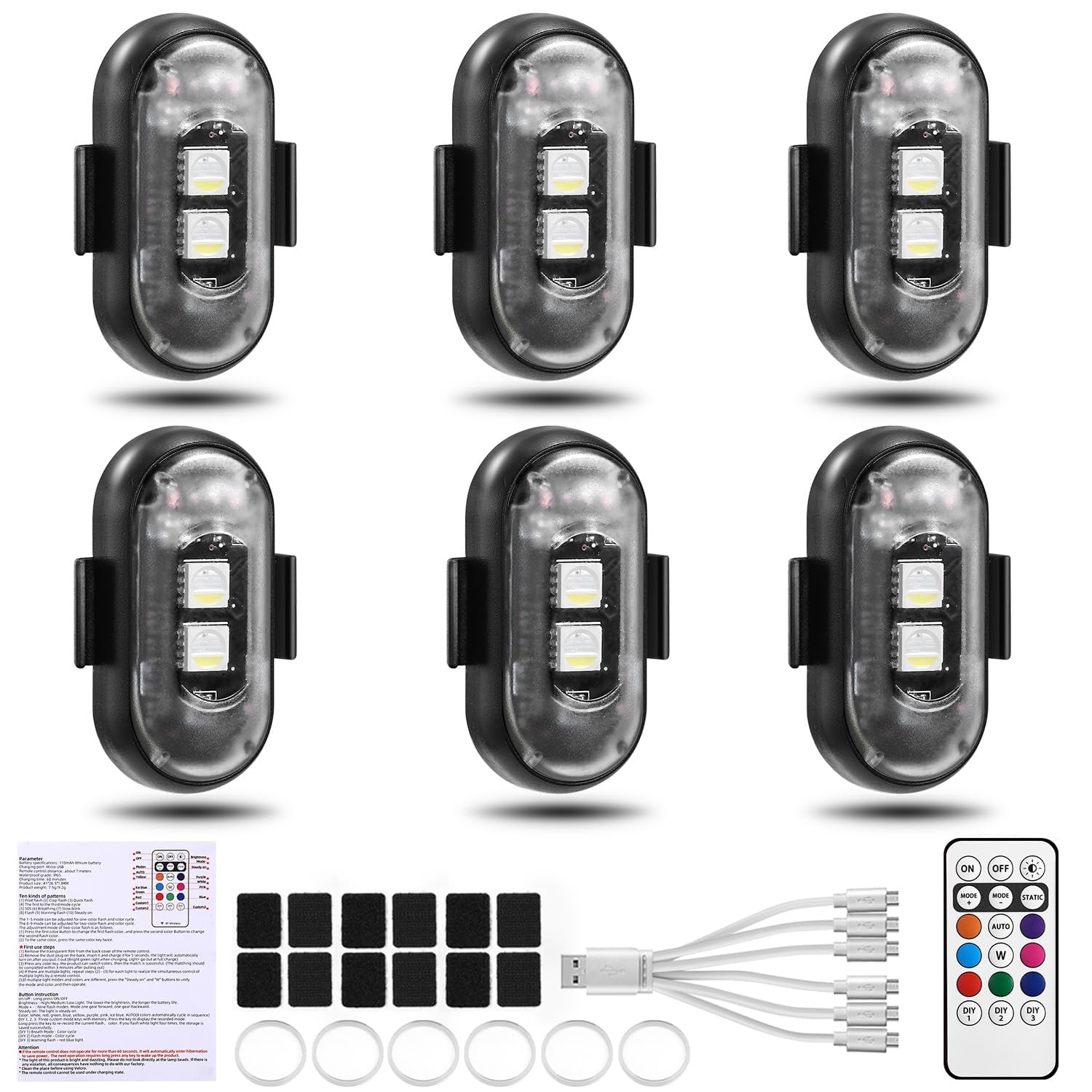 Photo 1 of 6PCS Wireless LED Lights for Car with Remote Control, Halloween Wireless LED Strobe Lights 8 Colors USB Charing IP65 Waterproof Anti-Collision Warning Light for Car Interior Truck Drone Aircraft Bike