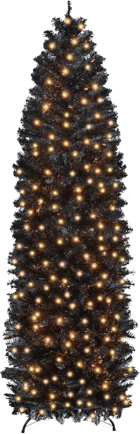Trees - Best Choice Products 6ft Pre-Lit Black Pencil Christmas Tree, Slim Artificial Skinny Holiday Tree for Home, Office, Party Decoration w/ 608 Tips, 250 Incandescent Lights, Metal Base