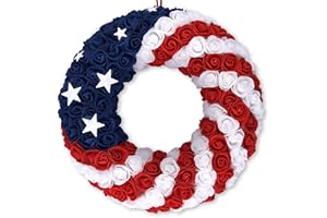 18Inch 4th of July Patriotic Roses Wreath, DILIBRA Red Blue White Foam Flower Wreath for Front Door, Artificial Memorial Day American Flag Wreath Garland Decoration for Indoor and Outdoor