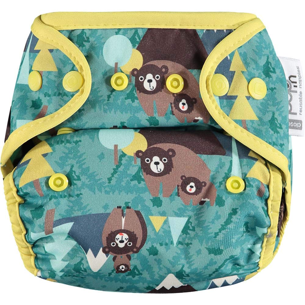 Close Pop-in Premium Bamboo Cloth Nappy - One Size, Birth to Potty, Secure Popper Fastener, Print Design - Bear
