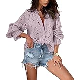 chouyatou Women's Boho Crochet Shirts Lantern Sleeve Button Down Lace Eyelet Blouse Tops
