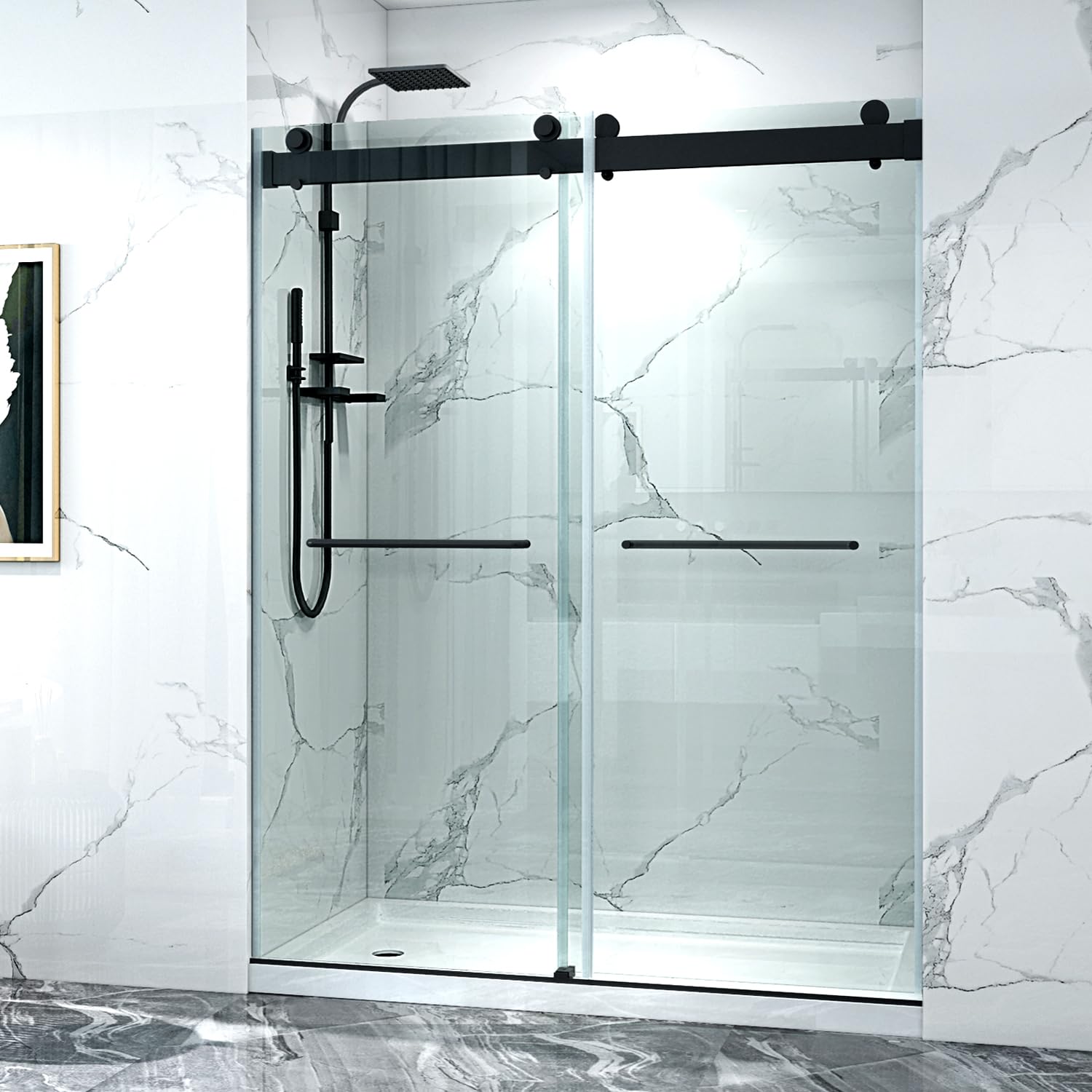 SUNNY SHOWER 60x72 Double Sliding Shower Door - Matte Black Hardware, Clear Tempered Glass