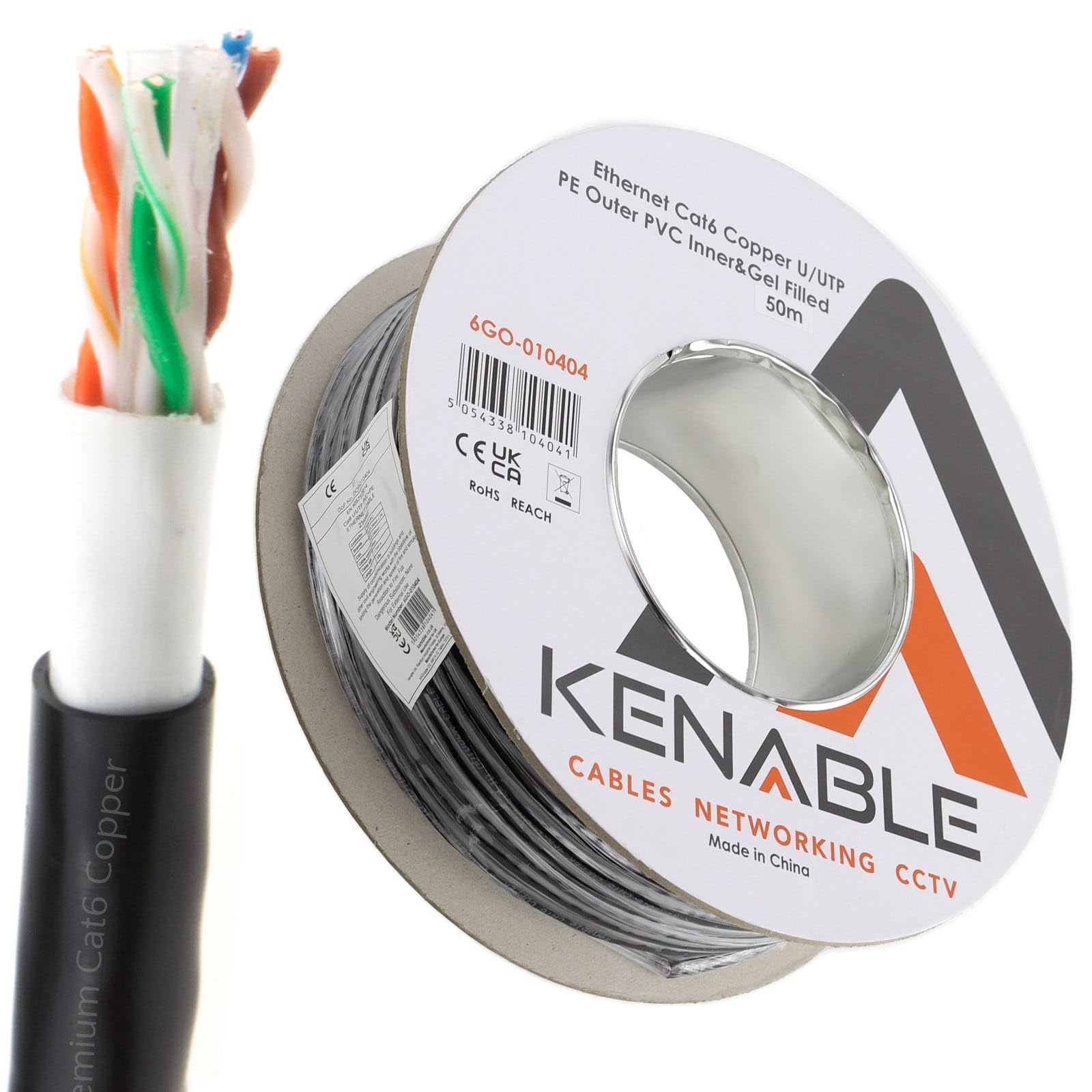 kenable Direct Burial CAT6 Outdoor Ethernet Cable Reel | Pure Copper 23AWG Gel Filled Double Sheath Waterproof UV Resistant Network Lead | 50m Black