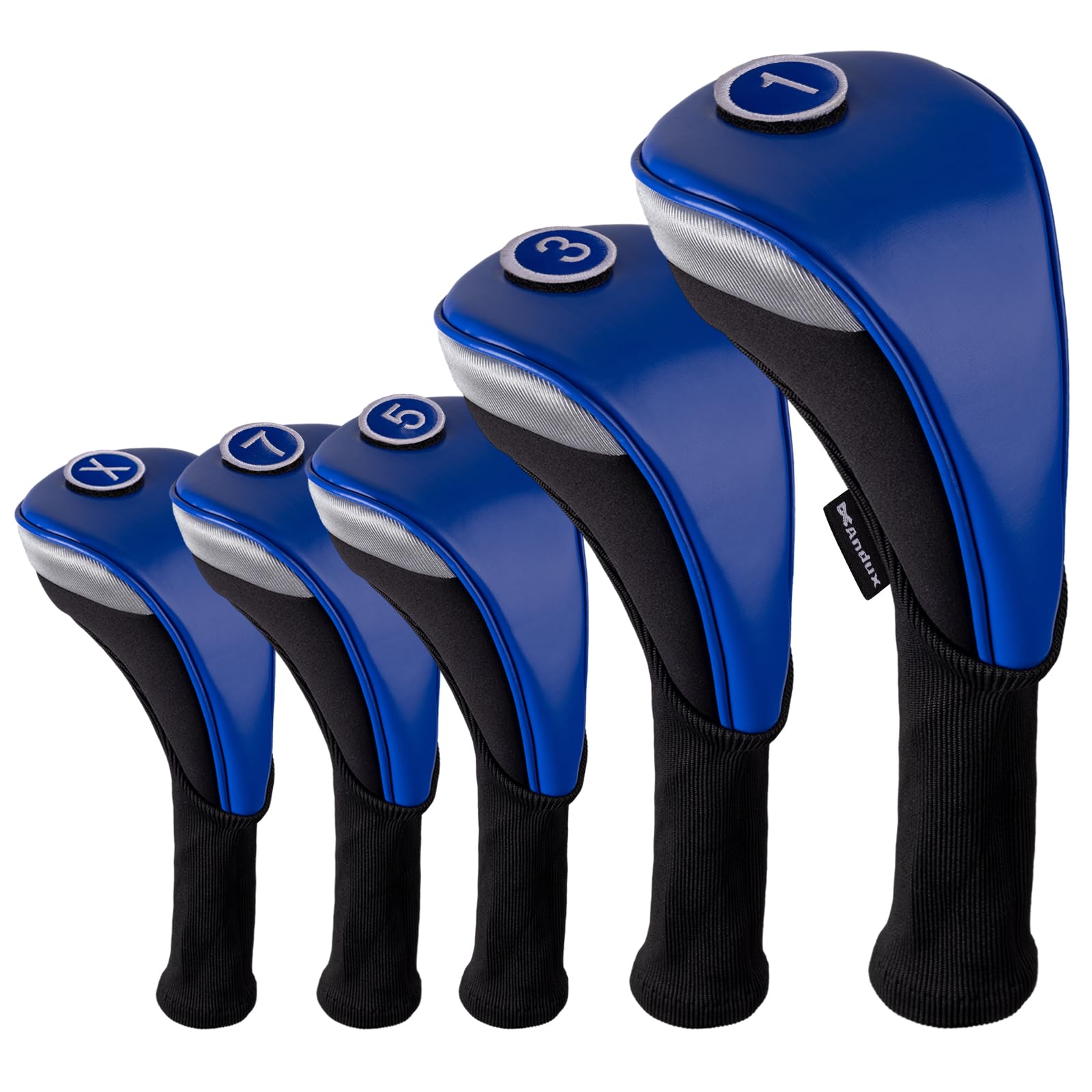 Andux 5pcs/Set PU Golf Wood Club Head Covers 460cc Driver with Long Neck Blue
