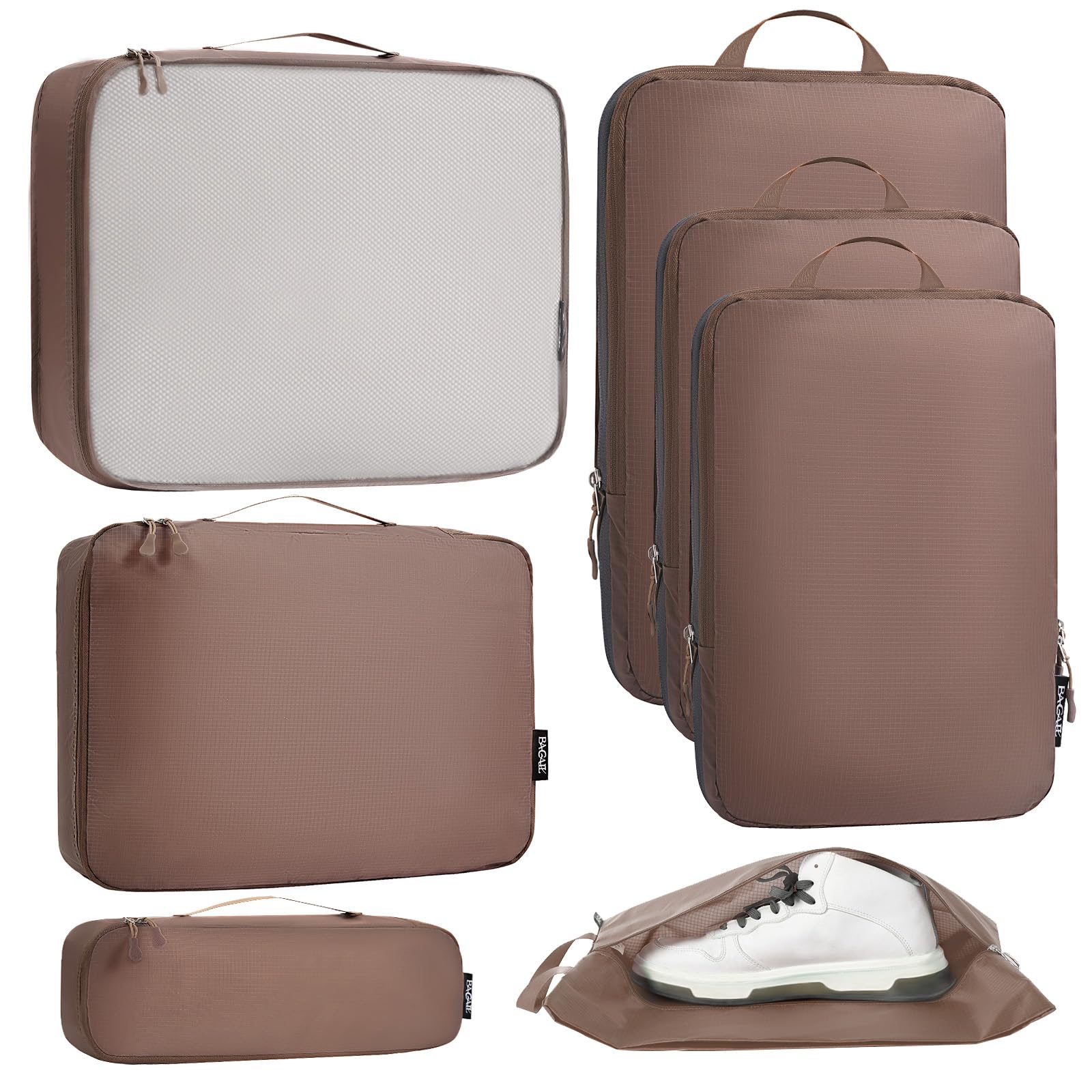 Photo 1 of Bagail Ultralight 3 Compression Packing Cubes 3 Packing Organizers With 1 Shoe Bag-Brown,7 Set