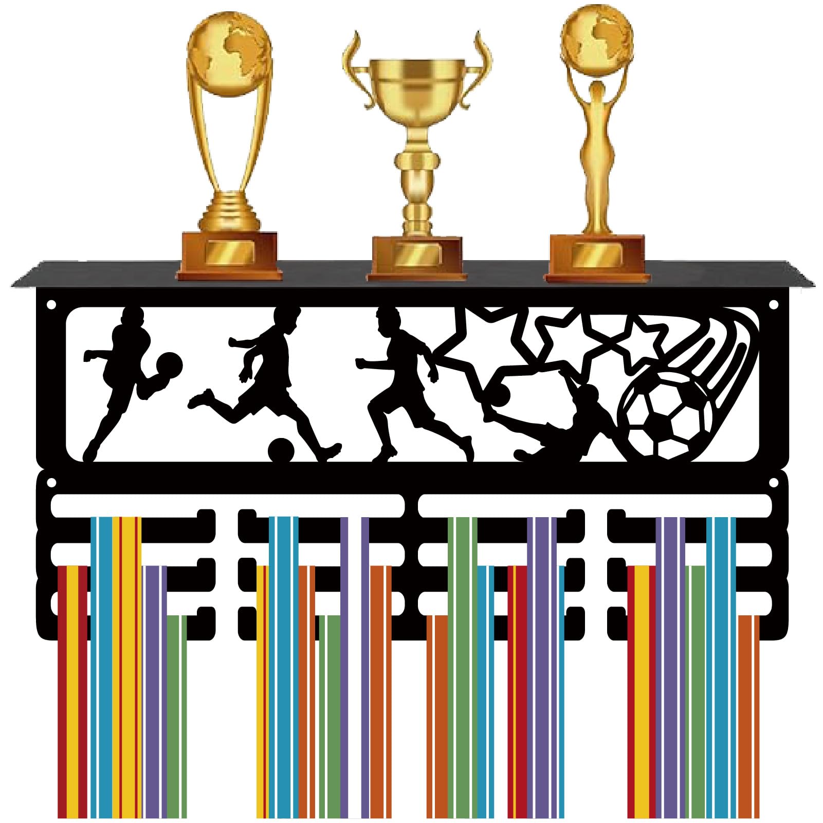 CREATCABIN Football Medal Hanger Display Trophy Shelf Soccer Medal Holder with Shelf Stand Sports 4 Rows Metal Hanging Wall Mount Hold 70+ Medals for Marathon Competition Medals Rack 15.7x7.9Inch