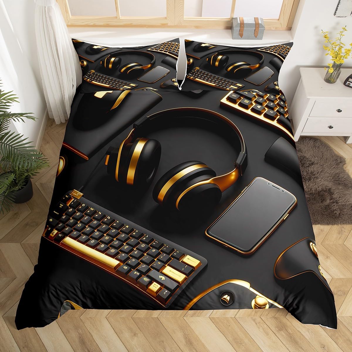 Homewish Gamer Bedding Sets for Boys King Size Gaming Duvet Cover Gold Keyboard Comforter Cover,Teens Young Man Gamepad Bedclothes Game Controller Bedroom Decor Black — image 1