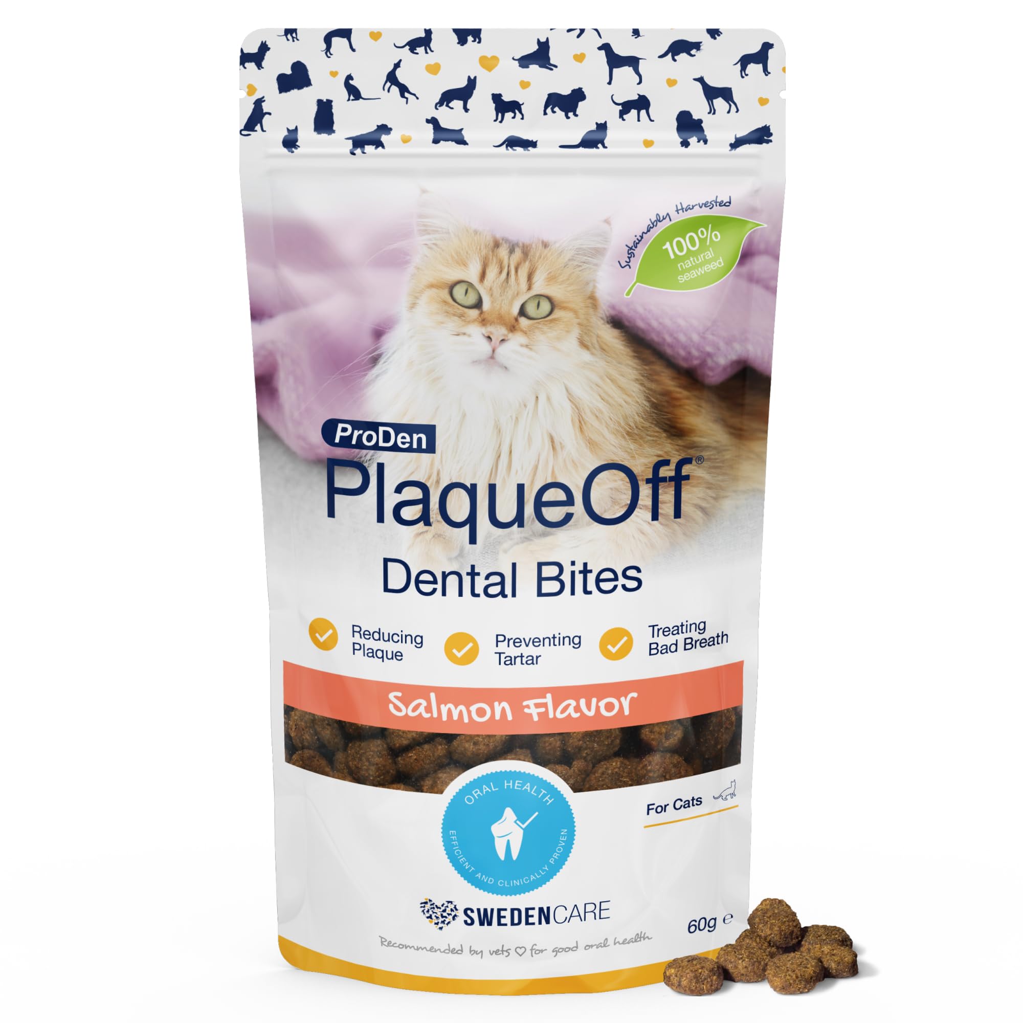 ProDen PlaqueOff Dental Bites for Cats Tartar & Bad Breath Remover 100% Natural Teeth Cleaner and - Improve Overall Oral Health - Salmon Flavor 60g