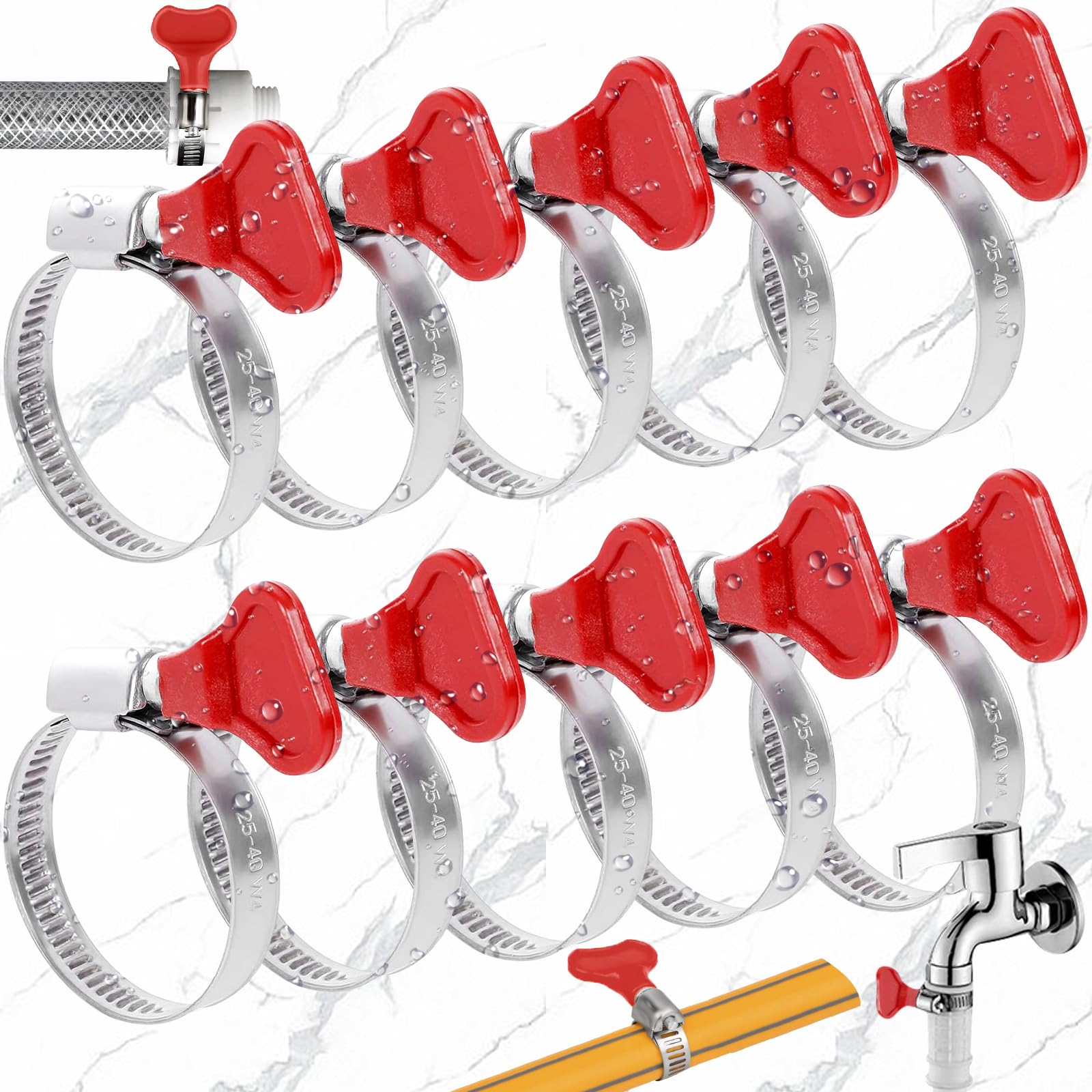 Benaton Pack of 10 Hose Clamps 25-40 mm, Adjustable Hose Clips, Car Hose Clamp, 304 Hose Clamps, Multi-Purpose Hose Clamp, Hose Clamp with Handle (Red Handle)