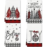 qiyeyeye Buffalo Plaid Christmas Kitchen Towels 16x24 Inch Red Black Hand Towels for Kitchen,Christmas Decorations for Bathroom,Festive Holiday Dish Cloths for Xmas Winter Home Indoor Decor Set of 4