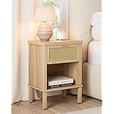 Apetaccat Rattan Nightstand with Drawer and Open Shelf, Boho Side Table with Gold Handle, Small Night Stand, Modern Bedside Table for Bedroom, Living Room, Light Wood