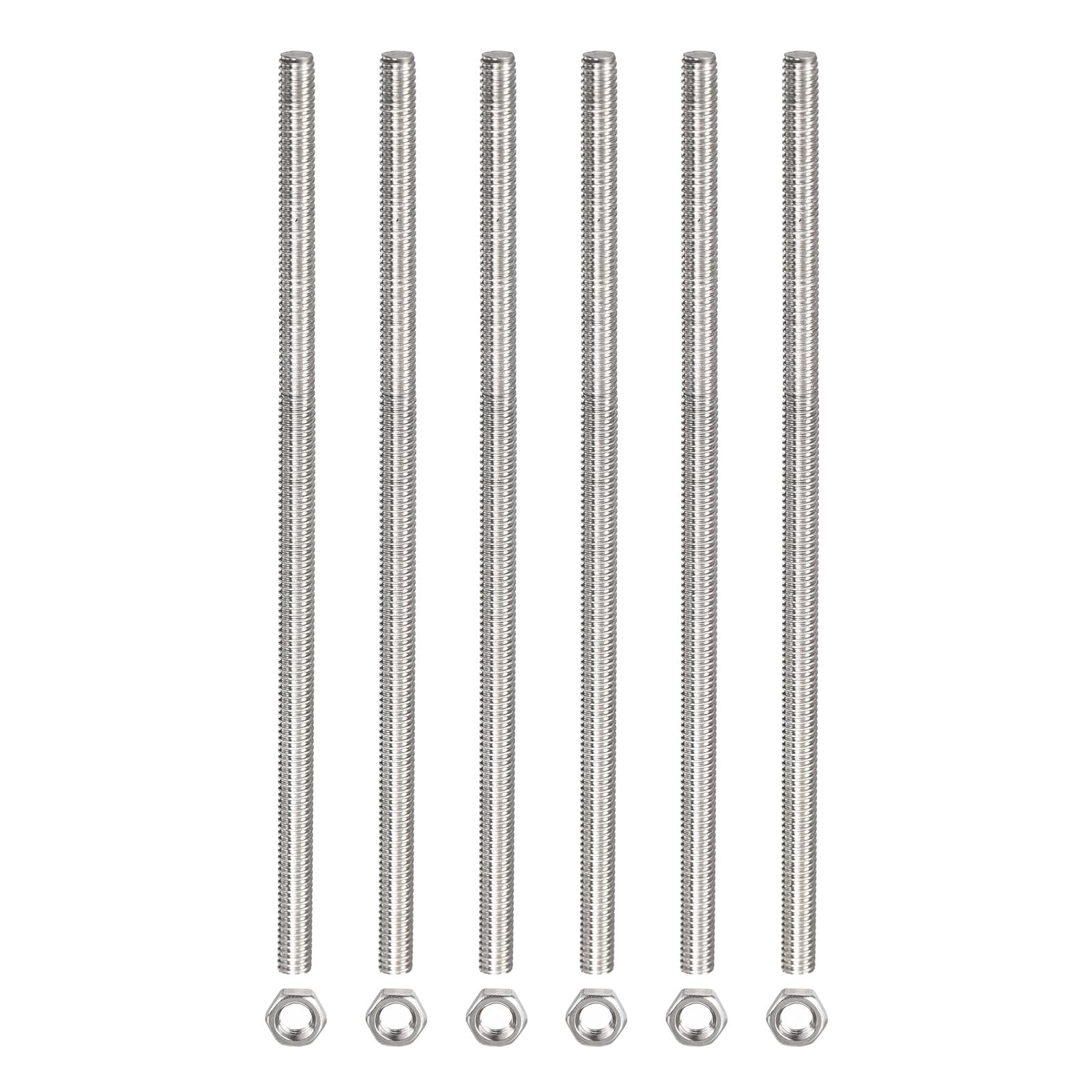 Rebower Fully Threaded Rod (with 6 Pcs Hex Nuts),Stainless Steel Fully Threads Studs[for Assembly Fastening] - M12 x 300mm,1.75mm Pitch/ Silver/ 6 Pcs