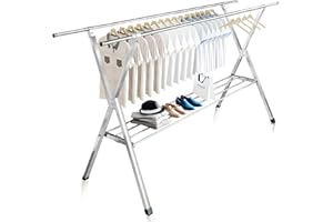 JAUREE Clothes Drying Rack 2 Tiers, Heavy Duty Drying Rack Clothing Folding Indoor Outdoor, Stainless Steel Laundry Drying Ra