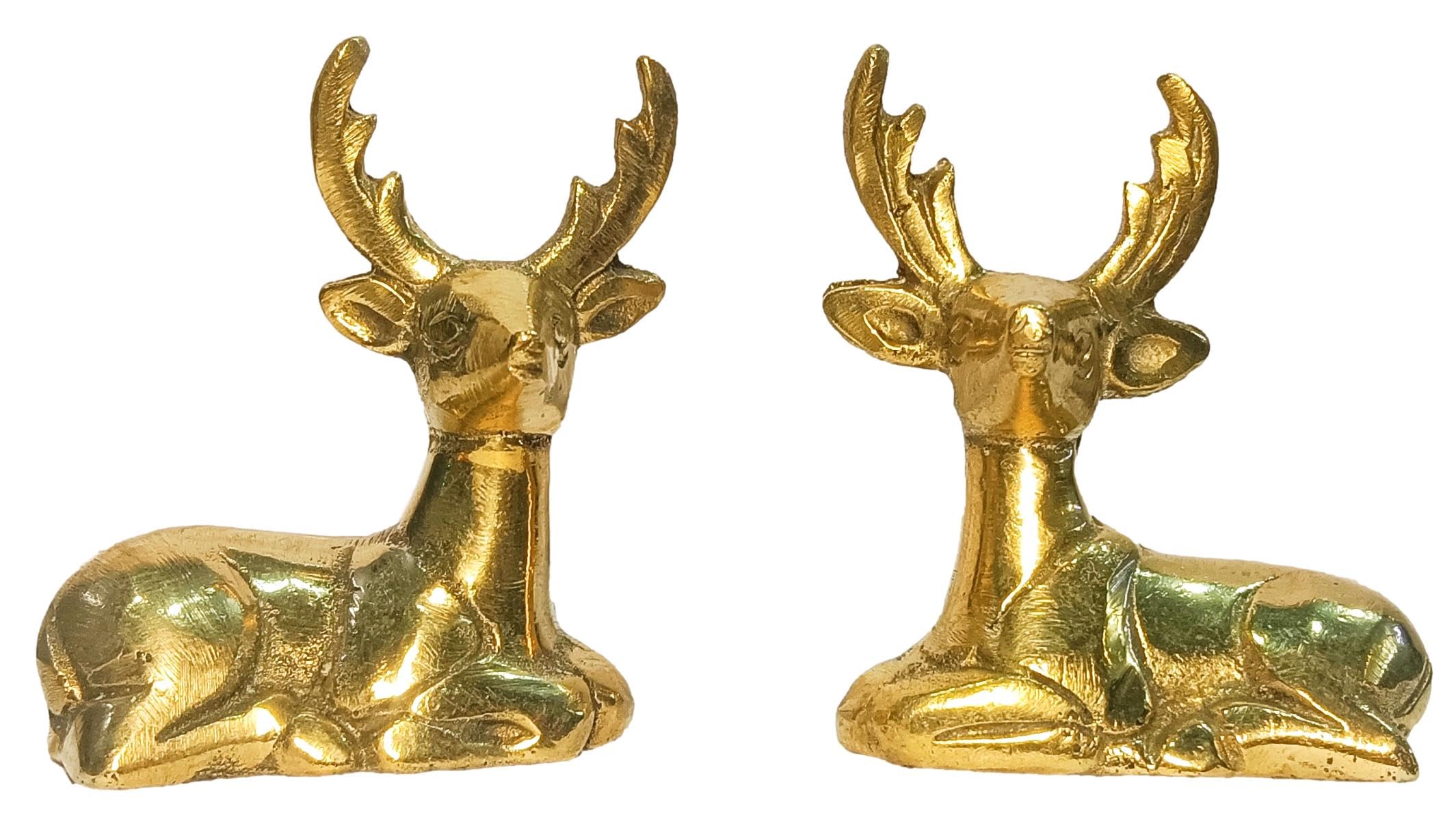 athizay Brass Reindeer Pair – 6.5 cm Sitting Posture | Decorative Feng Shui Animal Showpiece for Home or Office Table, Gold Finish