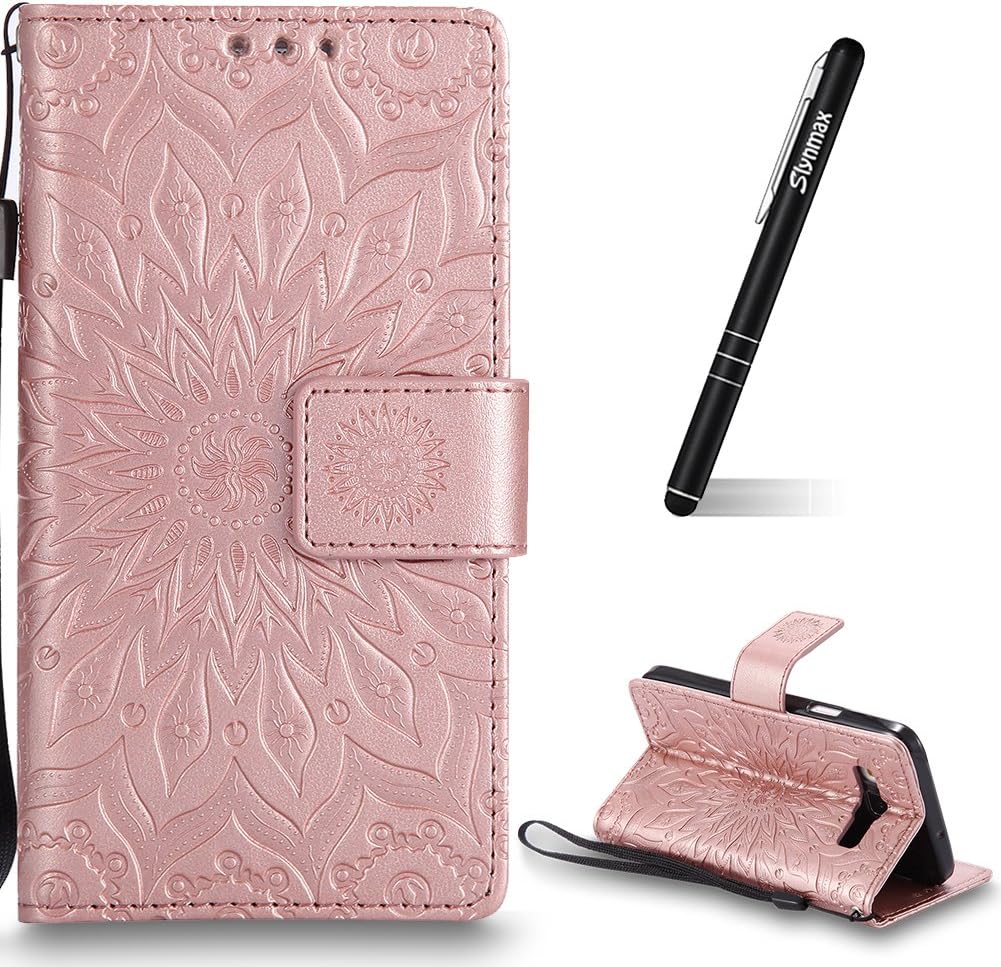 Slynmax Rose Gold Case for Galaxy A3 2015, Sunflower Design Magnetic Flip Bookstyle Cover Case Premium PU Wallet Card Slot Magnet Clasp Black Stylus Stand A5 2015 Shockproof Cover for Women
