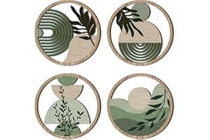 TOARTi 4 Pieces Green Botanical Wooden Wall Art Bohemian Hanging Art Farmhouse Geometric Wooden Wall Decor Aesthetic Tropical