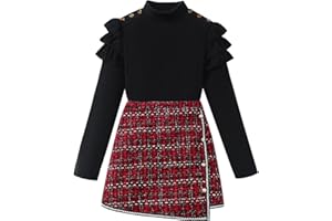 Coaturi Girl Fall Clothes Sets: 2 Piece Fall Winter Outfit Long Sleeve Ruffle Top Mini Plaid Skirt for Tween Girl 8-12 Years