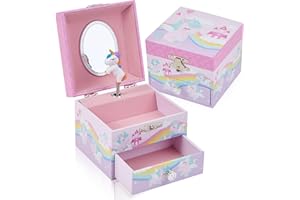 TAOPU Girls Musical Jewelry Box with Drawer and Spinning Cute Unicorn, Rainbow Design Girls Gift Kids Toys Music Box for Girls Jewel Storage