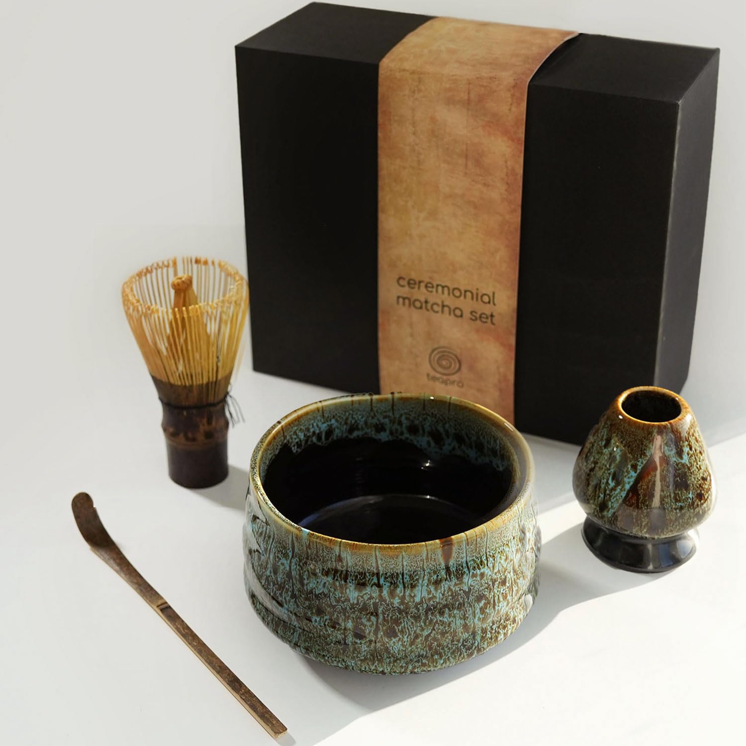 Teapro Japanese Matcha Set: Purple Bamboo Matcha Whisk & Scoop, Artisan Ceramic Matcha Bowl & Whisk Holder in Blue, Matcha Starter Kit | Traditional Matcha Gift Set — image 1