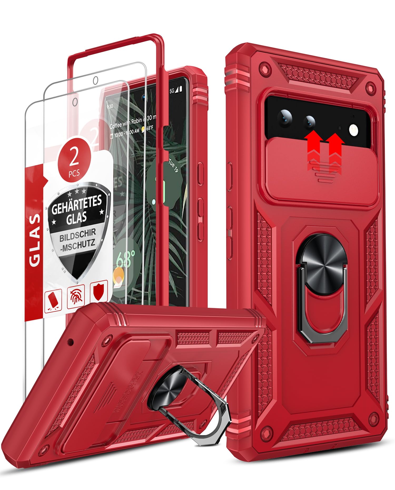 LeYi for Google Pixel 6 Case: Case for Pixel 6 with Slide Camera Cover + [2 Packs] Tempered Glass Screen Protector, 360 Full Body Military-Grade Phone Case with Kickstand for Google Pixel 6, Red