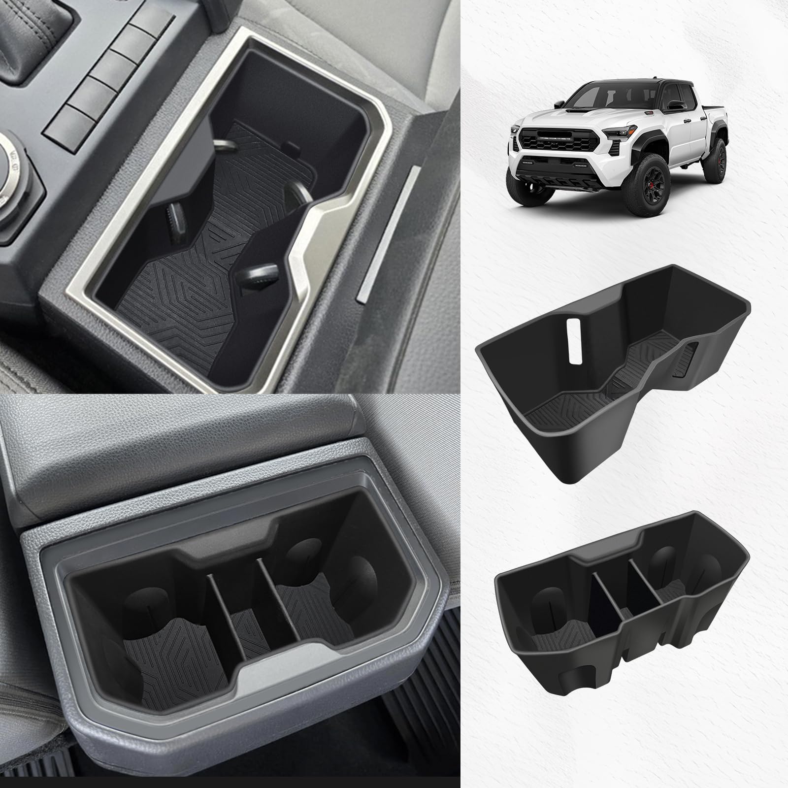 Photo 1 of Muslogy Center Console Front&Rear Cup Holder Inserts Compatible with 2024 2025 Toyota Tacoma Accessories Middle Console and Rear Armrest CupHolder Silicone Rubber Organizer 2PCS Set