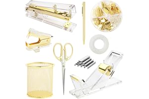 YUUN Gold Desk Accessories, Office Supplies Set with Acrylic Stapler, Tape Dispenser, Staple Remover, Pen Holder, Scissor, Binder Paper Clips, 1 Ballpoint Pen, 1 Clear Tape and 1000pcs Staples
