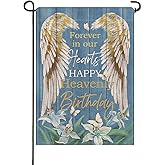Artofy Memorial Forever in Our Hearts Wings Small Decorative Garden Flag, Happy Heavenly Birthday Lily Cemetery Yard Lawn Outside Decor, Farmhouse Burlap Outdoor Home Decoration Double Sided 12 x 18