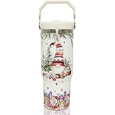 30oz Christmas Tumbler with Handle and Straw, Leak Proof Travel Gnome Coffee Mug, Reusable Stainless Steel Insulated Gnome Tumbler, Christmas Gifts for Women (beige)