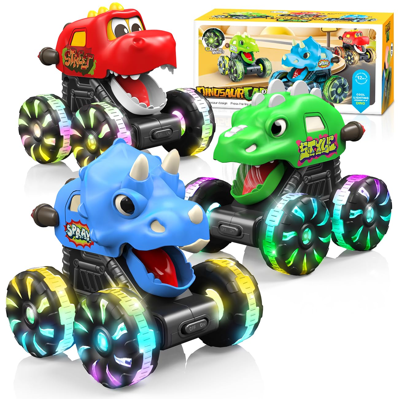 Dinosaurs Monster Trucks for 2-4 Toddlers: 3 Pack Race Track Playset with Light,Press & Go Dinosaur Car Toy Set,Birthday Gifts for Kids Ages 3-8,Christmas Idea 3-5,5-7 Boys Girls