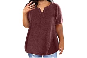 Attine Women's 2024 Plus Size Tops Summer Solid V Neck Tunic Blouse Casual Loose Short Sleeve Tee Eyelet Embroidery T Shirts