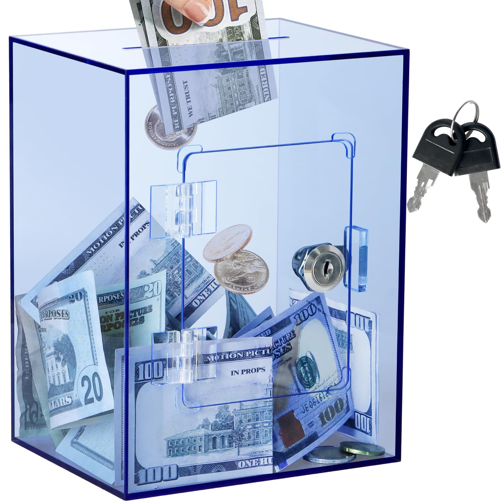 Photo 1 of ***cracked*** Imeepa Clear Acrylic Piggy Bank with Lock and Key for Kids Adults, Openable Money Saving Box for Cash Coins Real Money (Blue)
